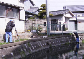 トランジットを用いての水路内測量作業